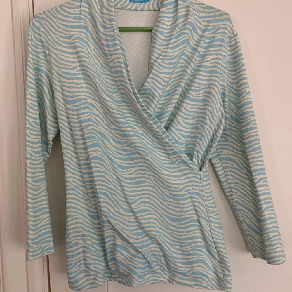 JMcLaughlin aqua and ivory animal print top XS
